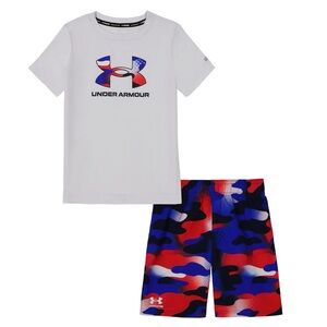 NEW Little Boy Under Armour Rashguard‎ & Swim Trunks Set, Red White Blue